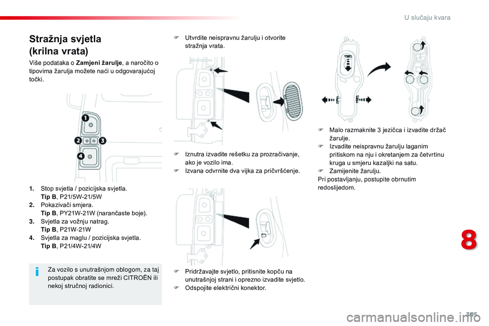 CITROEN JUMPER SPACETOURER 2017 Upute Za Rukovanje (in Croatian) 305
Spacetourer-VP_hr_Chap08_En-cas-de-panne_ed01-2016
Stražnja svjetla
(krilna vrata)
Više podataka o Zamjeni žarulje, a naročito o
tipovima žarulja možete naći u odgovarajućoj
točki.
F
CITROEN JUMPER SPACETOURER 2017 Upute Za Rukovanje (in Croatian) 305
Spacetourer-VP_hr_Chap08_En-cas-de-panne_ed01-2016
Stražnja svjetla
(krilna vrata)
Više podataka o Zamjeni žarulje, a naročito o
tipovima žarulja možete naći u odgovarajućoj
točki.
F