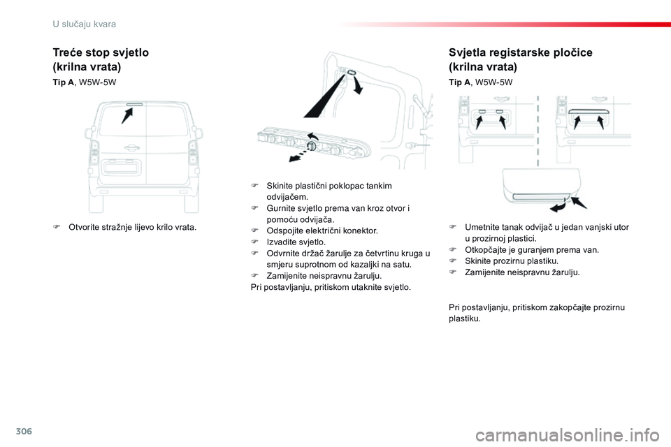 CITROEN JUMPER SPACETOURER 2017 Upute Za Rukovanje (in Croatian) 306
Spacetourer-VP_hr_Chap08_En-cas-de-panne_ed01-2016
Svjetla registarske pločice
(krilna vrata)
Tip A, W5W-5W
F
S
kinite plastični poklopac tankim
odvijačem.
F
G
urnite svjetlo prema van k CITROEN JUMPER SPACETOURER 2017 Upute Za Rukovanje (in Croatian) 306
Spacetourer-VP_hr_Chap08_En-cas-de-panne_ed01-2016
Svjetla registarske pločice
(krilna vrata)
Tip A, W5W-5W
F
S
kinite plastični poklopac tankim
odvijačem.
F
G
urnite svjetlo prema van k