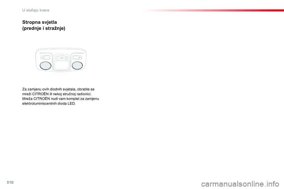 CITROEN JUMPER SPACETOURER 2017 Upute Za Rukovanje (in Croatian) 310
Spacetourer-VP_hr_Chap08_En-cas-de-panne_ed01-2016
Stropna svjetla
(prednje i stražnje)
Za zamjenu ovih diodnih svjetala, obratite se
mreži CITROËN ili nekoj stručnoj radionici.
Mreža CITRO CITROEN JUMPER SPACETOURER 2017 Upute Za Rukovanje (in Croatian) 310
Spacetourer-VP_hr_Chap08_En-cas-de-panne_ed01-2016
Stropna svjetla
(prednje i stražnje)
Za zamjenu ovih diodnih svjetala, obratite se
mreži CITROËN ili nekoj stručnoj radionici.
Mreža CITRO