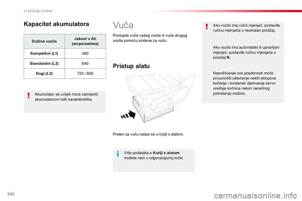 CITROEN JUMPER SPACETOURER 2017 Upute Za Rukovanje (in Croatian) 320
Spacetourer-VP_hr_Chap08_En-cas-de-panne_ed01-2016
Kapacitet akumulatora
Dužina vozilaJakost u Ah
(ampersatima)
Kompatkni (L1) 480
Standardni (L2) 640
Dugi (L3) 720 / 800
Akumulator se uvijek mo CITROEN JUMPER SPACETOURER 2017 Upute Za Rukovanje (in Croatian) 320
Spacetourer-VP_hr_Chap08_En-cas-de-panne_ed01-2016
Kapacitet akumulatora
Dužina vozilaJakost u Ah
(ampersatima)
Kompatkni (L1) 480
Standardni (L2) 640
Dugi (L3) 720 / 800
Akumulator se uvijek mo