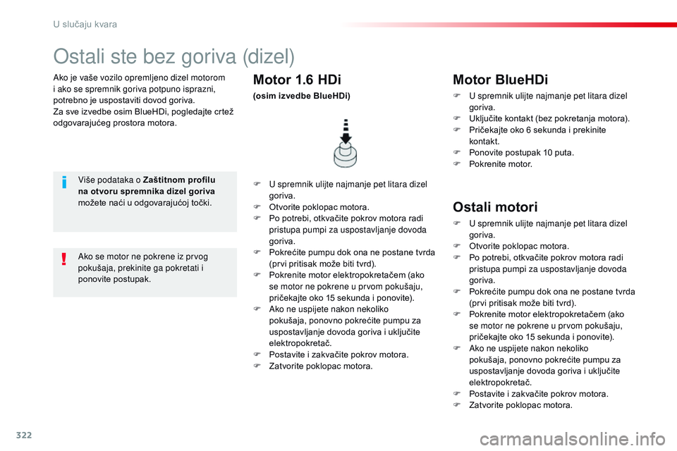 CITROEN JUMPER SPACETOURER 2017 Upute Za Rukovanje (in Croatian) 322
Spacetourer-VP_hr_Chap08_En-cas-de-panne_ed01-2016
Ako je vaše vozilo opremljeno dizel motorom
i ako se spremnik goriva potpuno isprazni,
potrebno je uspostaviti dovod goriva.
Za sve izvedbe os CITROEN JUMPER SPACETOURER 2017 Upute Za Rukovanje (in Croatian) 322
Spacetourer-VP_hr_Chap08_En-cas-de-panne_ed01-2016
Ako je vaše vozilo opremljeno dizel motorom
i ako se spremnik goriva potpuno isprazni,
potrebno je uspostaviti dovod goriva.
Za sve izvedbe os