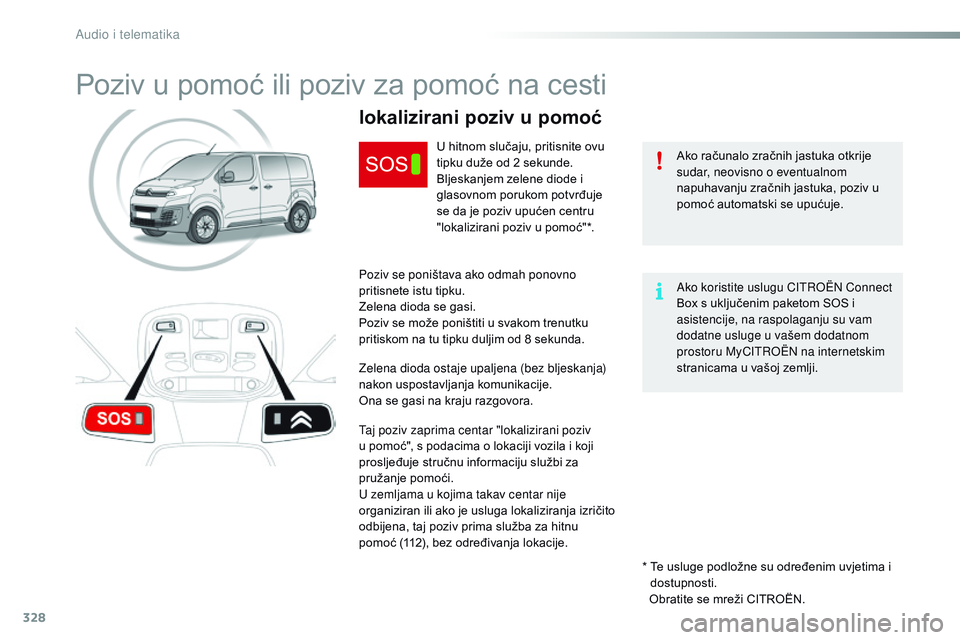 CITROEN JUMPER SPACETOURER 2017  Upute Za Rukovanje (in Croatian) 328
Spacetourer-VP_hr_Chap10a_BTA_ed01-2016
Poziv u pomoć ili poziv za pomoć na cesti
Ako računalo zračnih jastuka otkrije 
sudar, neovisno o eventualnom 
napuhavanju zračnih jastuka, poziv u 
po