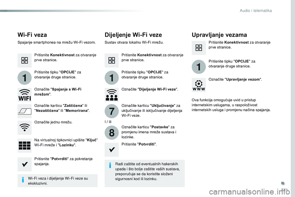 CITROEN JUMPER SPACETOURER 2017  Upute Za Rukovanje (in Croatian) 371
11
1
7
8
Spacetourer-VP_hr_Chap10b_NAC-1_ed01-2016
Wi- Fi vezaDijeljenje Wi-Fi vezeUpravljanje vezama
Radi zaštite od eventualnih hakerskih 
upada i što bolje zaštite vaših sustava, 
preporuč
