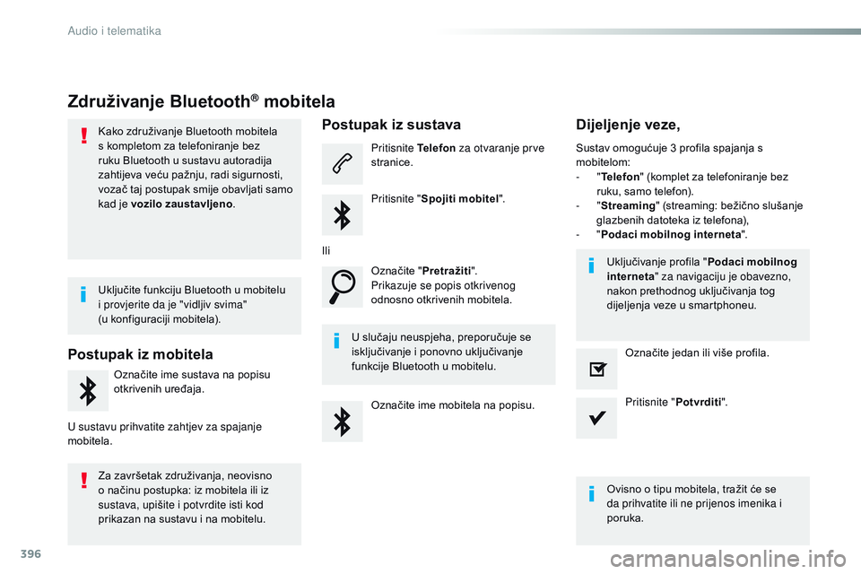 CITROEN JUMPER SPACETOURER 2017 Upute Za Rukovanje (in Croatian) 396
Spacetourer-VP_hr_Chap10b_NAC-1_ed01-2016
Združivanje Bluetooth® mobitela
Kako združivanje Bluetooth mobitela
s kompletom za telefoniranje bez
ruku Bluetooth u sustavu autoradija
zahtijeva v CITROEN JUMPER SPACETOURER 2017 Upute Za Rukovanje (in Croatian) 396
Spacetourer-VP_hr_Chap10b_NAC-1_ed01-2016
Združivanje Bluetooth® mobitela
Kako združivanje Bluetooth mobitela
s kompletom za telefoniranje bez
ruku Bluetooth u sustavu autoradija
zahtijeva v