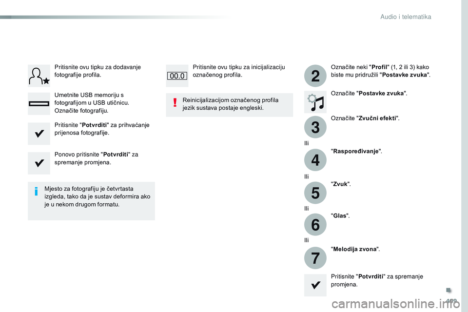 CITROEN JUMPER SPACETOURER 2017  Upute Za Rukovanje (in Croatian) 409
3
2
4
5
6
7
Spacetourer-VP_hr_Chap10b_NAC-1_ed01-2016
Označite neki "Profil" (1, 2 ili 3) kako 
biste mu pridružili " Postavke zvuka".
Označite " Postavke zvuka ".
Ozna