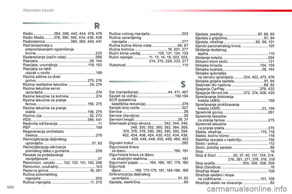 CITROEN JUMPER SPACETOURER 2017  Upute Za Rukovanje (in Croatian) 500
Spacetourer-VP_hr_Chap11_index-alpha_ed01-2016
Sjedala, prednja .................................. 87, 89, 90
Sjedala s grijačima  .................................... 9 1, 94
Sjedala, stražnja
