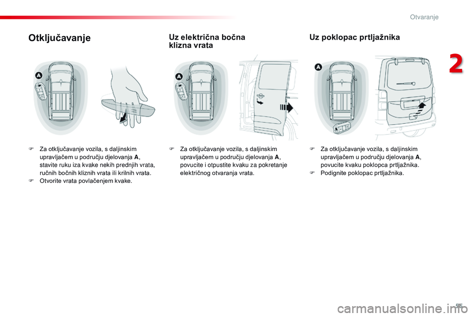 CITROEN JUMPER SPACETOURER 2017  Upute Za Rukovanje (in Croatian) 55
Spacetourer-VP_hr_Chap02_ouvertures_ed01-2016
Otključavanje
F Za otključavanje vozila, s daljinskim upravljačem u području djelovanja A , 
stavite ruku iza kvake nekih prednjih vrata, 
ručnih 