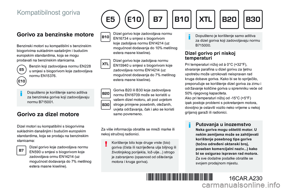CITROEN JUMPER SPACETOURER 2017 Upute Za Rukovanje (in Croatian) Gorivo za benzinske motore
Benzinski motori su kompatibilni s benzinskim biogorivima sukladnim sadašnjim i budućim europskim standardima, koja se mogu prodavati na benzinskim stanica CITROEN JUMPER SPACETOURER 2017 Upute Za Rukovanje (in Croatian) Gorivo za benzinske motore
Benzinski motori su kompatibilni s benzinskim biogorivima sukladnim sadašnjim i budućim europskim standardima, koja se mogu prodavati na benzinskim stanica