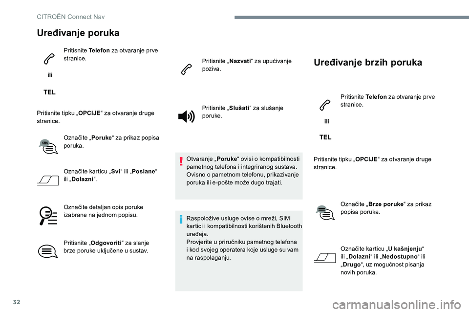 CITROEN JUMPER SPACETOURER 2017  Upute Za Rukovanje (in Croatian) 32
Uređivanje poruka
 ili Pritisnite Telefon
 za otvaranje pr ve 
stranice.
Pritisnite tipku „ OPCIJE“ za otvaranje druge 
stranice.
Označite „ Poruke“ za prikaz popisa 
poruka.
Označite ka
