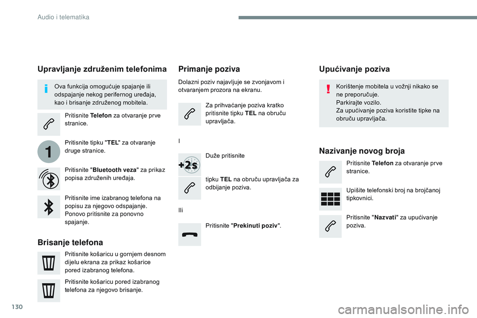 CITROEN JUMPER SPACETOURER 2017  Upute Za Rukovanje (in Croatian) 130
1
Transversal-Citroen_hr_Chap02_RCC-2-2-0_ed01-2016
Primanje poziva
Dolazni poziv najavljuje se zvonjavom i 
otvaranjem prozora na ekranu.Za prihvaćanje poziva kratko 
pritisnite tipku TEL  na ob