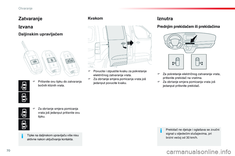 CITROEN JUMPER SPACETOURER 2017 Upute Za Rukovanje (in Croatian) 70
Spacetourer-VP_hr_Chap02_ouvertures_ed01-2016
Tipke na daljinskom upravljaču više nisu
aktivne nakon uključivanja kontakta.
Zatvaranje
Izvana
F Za pokretanje električnog zatvaranja vrata, prit CITROEN JUMPER SPACETOURER 2017 Upute Za Rukovanje (in Croatian) 70
Spacetourer-VP_hr_Chap02_ouvertures_ed01-2016
Tipke na daljinskom upravljaču više nisu
aktivne nakon uključivanja kontakta.
Zatvaranje
Izvana
F Za pokretanje električnog zatvaranja vrata, prit