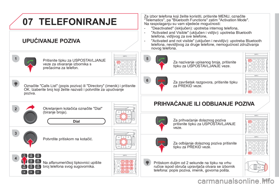 CITROEN JUMPER MULTISPACE 2013  Upute Za Rukovanje (in Croatian) 9.37
07
1
2
4
3
6
5
TELEFONIRANJE 
   
UPUĆIVANJE POZIVA 
 
 Označite "Calls List" (popis poziva) ili "Directory" (imenik) i pritisnite OK. Izaberite broj koji želite nazvati i potvrdite za upućiv