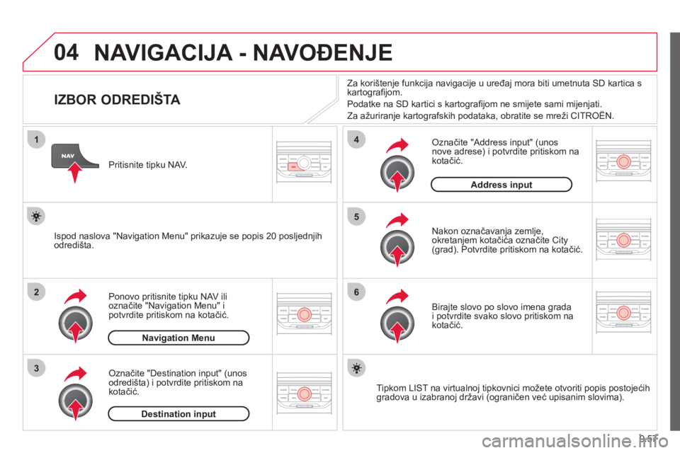 CITROEN JUMPER MULTISPACE 2013  Upute Za Rukovanje (in Croatian) 9.57
04
1
2
3
5
6
4
  NAVIGACIJA - NAVOĐENJE
 
 
 
 
 
 
 
 
 
 
 
 
IZBOR ODREDIŠTA 
Ponovo pritisnite tipku NAV ilioznačite "Navigation Menu" i 
potvrdite pritiskom na kotačić.
Označite "Desti