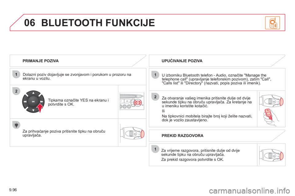 CITROEN JUMPER MULTISPACE 2013  Upute Za Rukovanje (in Croatian) 9.96
06
2
1
2
1
OK
   
PRIMANJE POZIVA 
 
   
Dolazni poziv do
javljuje se zvonjavom i porukom u prozoru na ekranu u vozilu.  
   
Tipkama označite YE
S na ekranu i potvrdite s OK.
   
Za prihvaćan

