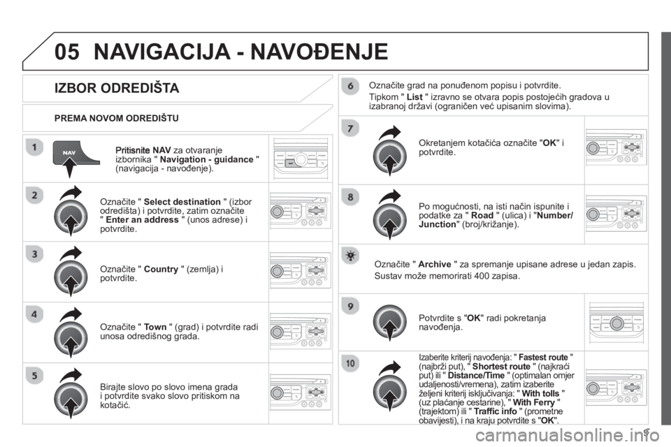 CITROEN JUMPER MULTISPACE 2013 Upute Za Rukovanje (in Croatian) 9
05
NAV
za otvaranje
izbornika " Navigation - guidance
" (navigacija - navođenje).
PREMA NOVOM ODREDIŠTU
NAVIGACIJA - NAVOĐENJE
IZBOR ODREDIŠTA
Označite " Se CITROEN JUMPER MULTISPACE 2013 Upute Za Rukovanje (in Croatian) 9
05
NAV
za otvaranje
izbornika " Navigation - guidance
" (navigacija - navođenje).
PREMA NOVOM ODREDIŠTU
NAVIGACIJA - NAVOĐENJE
IZBOR ODREDIŠTA
Označite " Se