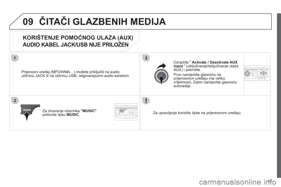 CITROEN JUMPER MULTISPACE 2013  Upute Za Rukovanje (in Croatian) 45
09ČITAČI GLAZBENIH MEDIJA 
 
 
 
 
 
 
 
 
 
 
 
 
KORIŠTENJE POMOĆNOG ULAZA (AUX)
AUDIO KABEL JACK/USB NIJE PRILOŽEN 
 
 
Prijenosni uređaj (MP3/WMA…) možete priključiti na audio 
utičn