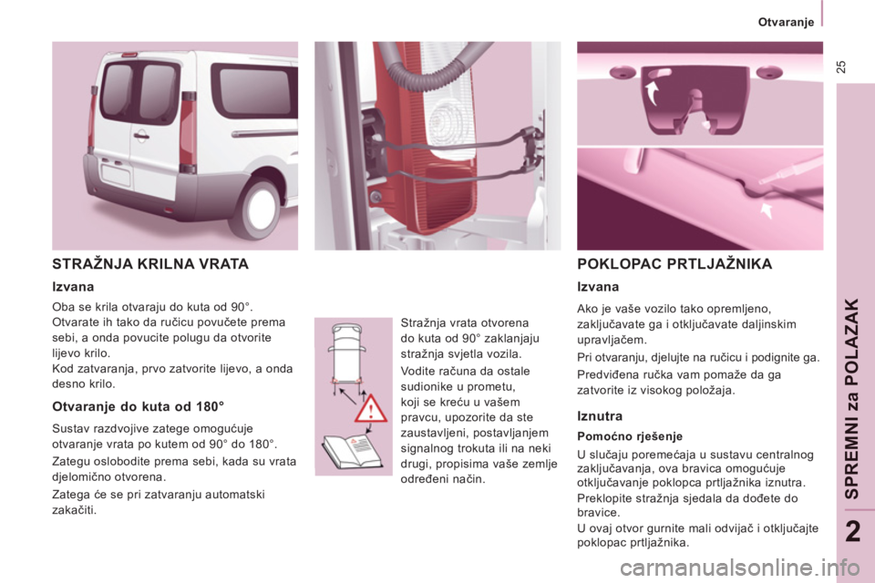 CITROEN JUMPER MULTISPACE 2012 Upute Za Rukovanje (in Croatian) 25
Otvaranje
SPREMNI
za
POLAZAK
2
STRAŽNJA KRILNA VRATA
Stražnja vrata otvorena
do kuta od 90° zaklanjaju
stražnja svjetla vozila.
Vodite računa da ostale
sudionike u prome CITROEN JUMPER MULTISPACE 2012 Upute Za Rukovanje (in Croatian) 25
Otvaranje
SPREMNI
za
POLAZAK
2
STRAŽNJA KRILNA VRATA
Stražnja vrata otvorena
do kuta od 90° zaklanjaju
stražnja svjetla vozila.
Vodite računa da ostale
sudionike u prome