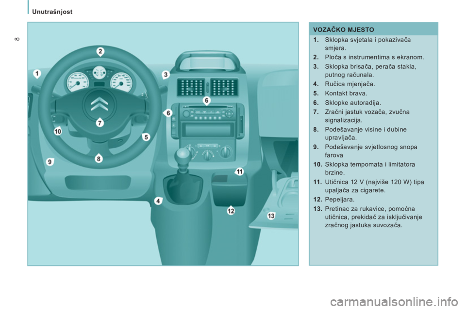 CITROEN JUMPER MULTISPACE 2012  Upute Za Rukovanje (in Croatian)    
 
Unutrašnjost  
 
8
 
 
 
VOZAČKO MJESTO 
   
 
1. 
  Sklopka svjetala i pokazivača 
smjera. 
   
2. 
 Ploča s instrumentima s ekranom. 
   
3. 
 Sklopka brisača, perača stakla, 
putnog ra�