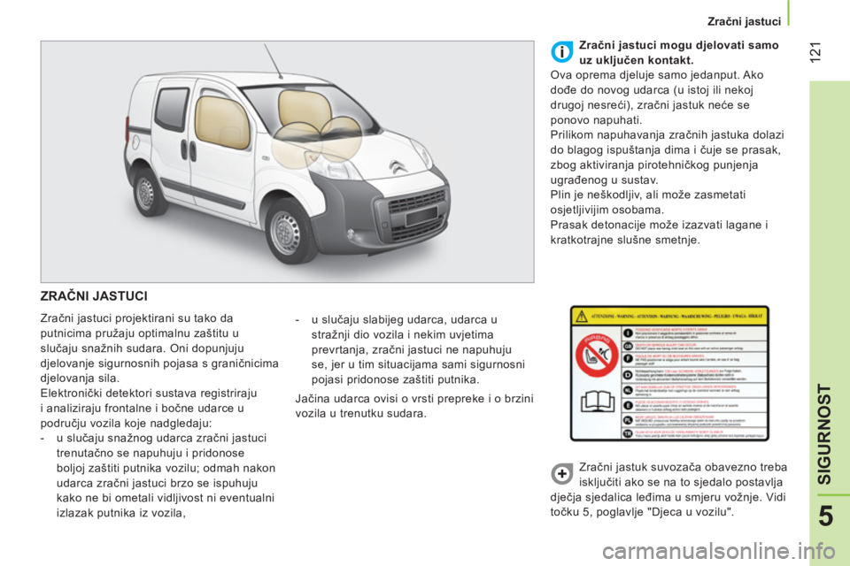CITROEN NEMO 2014 Upute Za Rukovanje (in Croatian) 121
5
SIGURNOST
Zračni jastuci
ZRAČNI JASTUCI
Zračni jastuci projektirani su tako da
putnicima pružaju optimalnu zaštitu u
slučaju snažnih sudara. Oni dopunjuju
djelovanje si CITROEN NEMO 2014 Upute Za Rukovanje (in Croatian) 121
5
SIGURNOST
Zračni jastuci
ZRAČNI JASTUCI
Zračni jastuci projektirani su tako da
putnicima pružaju optimalnu zaštitu u
slučaju snažnih sudara. Oni dopunjuju
djelovanje si