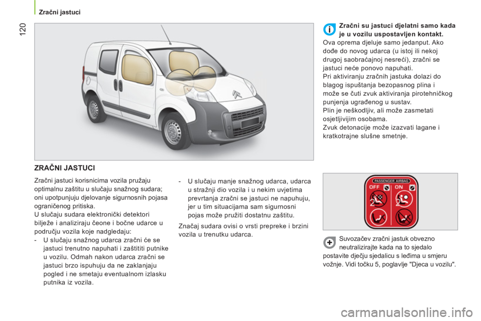 CITROEN NEMO 2013 Upute Za Rukovanje (in Croatian) 120
Zračni jastuci
ZRAČNI JASTUCI
Zračni jastuci korisnicima vozila pružaju
optimalnu zaštitu u slučaju snažnog sudara;
oni upotpunjuju djelovanje sigurnosnih pojasa
ogranič CITROEN NEMO 2013 Upute Za Rukovanje (in Croatian) 120
Zračni jastuci
ZRAČNI JASTUCI
Zračni jastuci korisnicima vozila pružaju
optimalnu zaštitu u slučaju snažnog sudara;
oni upotpunjuju djelovanje sigurnosnih pojasa
ogranič
