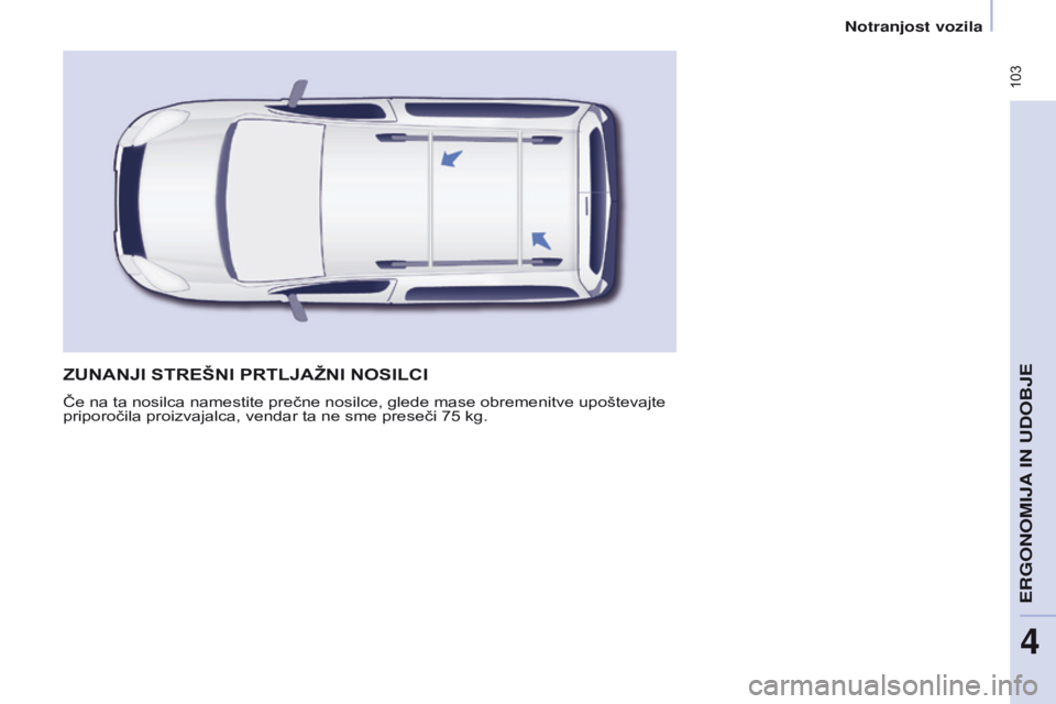 CITROEN BERLINGO MULTISPACE 2016 Navodila Za Uporabo (in Slovenian) 103
Berlingo-2-VP_sl_Chap04_Ergonomie_ed01-2016
zuNANJI sTREŠNI PRTLJAŽNI NOsILCI
Če na ta nosilca namestite prečne nosilce, glede mase obremenitve upoštevajte
priporočila proizvajalca, vendar CITROEN BERLINGO MULTISPACE 2016 Navodila Za Uporabo (in Slovenian) 103
Berlingo-2-VP_sl_Chap04_Ergonomie_ed01-2016
zuNANJI sTREŠNI PRTLJAŽNI NOsILCI
Če na ta nosilca namestite prečne nosilce, glede mase obremenitve upoštevajte
priporočila proizvajalca, vendar