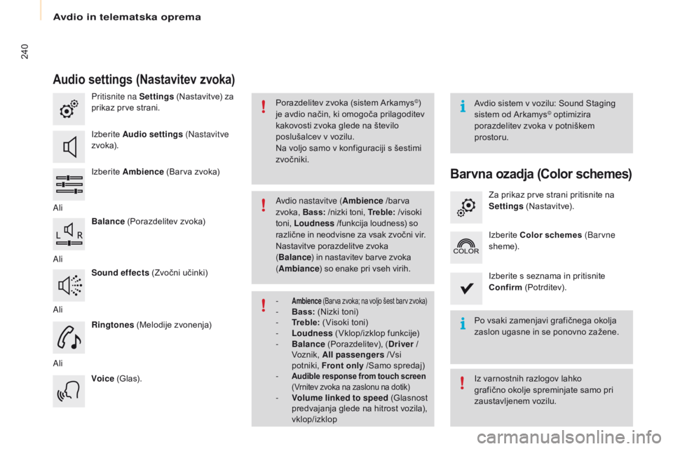 CITROEN BERLINGO MULTISPACE 2016  Navodila Za Uporabo (in Slovenian) 240
Berlingo-2-VP_sl_Chap10a_SMEGplus_ed01-2016
Audio settings (Nastavitev zvoka)
Pritisnite na Settings (Nastavitve) za 
prikaz prve strani.
Izberite  Audio settings  (Nastavitve 
z vo ka).
Izberite 