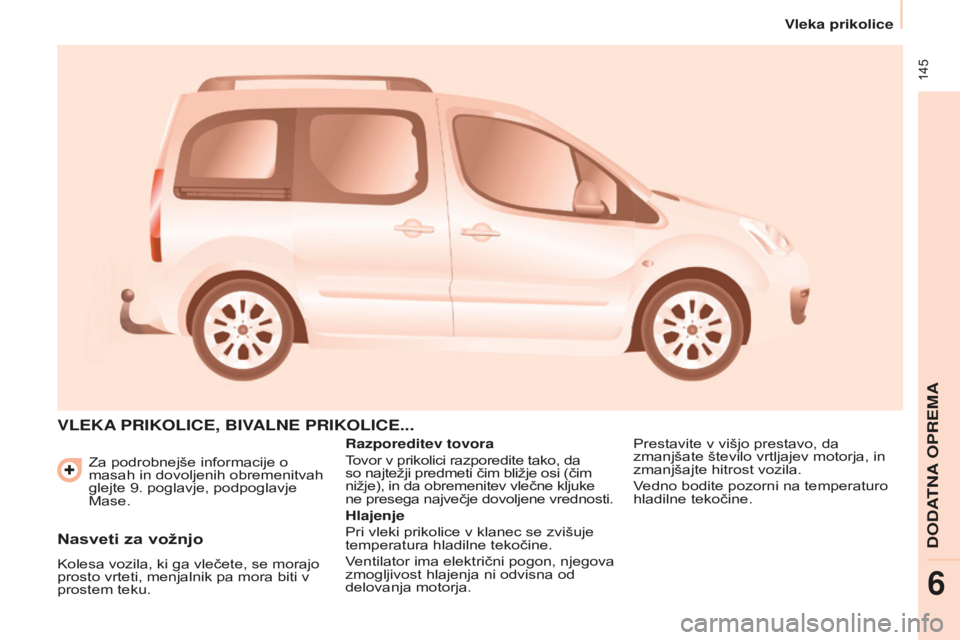 CITROEN BERLINGO MULTISPACE 2015 Navodila Za Uporabo (in Slovenian) 145
Berlingo-2-VP_sl_Chap06_accessoire_ed01-2015
Za podrobnejše informacije o
masah in dovoljenih obremenitvah
glejte 9. poglavje, podpoglavje
Mase.
VLEKA PRIKOLICE , BIVALNE PRIKOLICE ...
Raz CITROEN BERLINGO MULTISPACE 2015 Navodila Za Uporabo (in Slovenian) 145
Berlingo-2-VP_sl_Chap06_accessoire_ed01-2015
Za podrobnejše informacije o
masah in dovoljenih obremenitvah
glejte 9. poglavje, podpoglavje
Mase.
VLEKA PRIKOLICE , BIVALNE PRIKOLICE ...
Raz