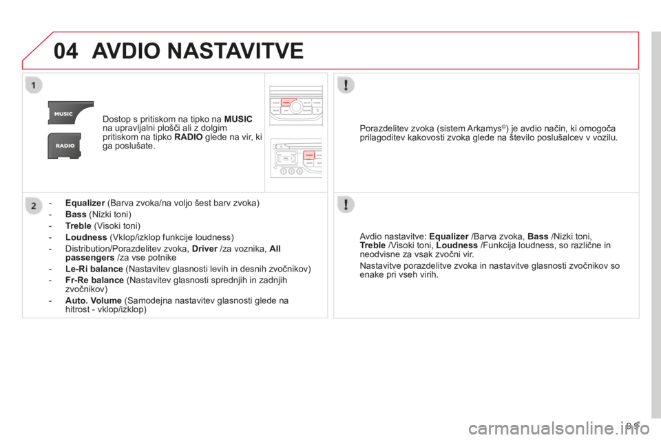 CITROEN BERLINGO MULTISPACE 2014 Navodila Za Uporabo (in Slovenian) 9.9
04
Berlingo-2-VP-papier_sl_Chap09b_RT6-2-7_ed01-2014
AVDIO NASTAVITVE
Dostop s pritiskom na tipko na MUSICna upravljalni plošči ali z dolgim pritiskom na tipko RADIO glede na vir, ki ga CITROEN BERLINGO MULTISPACE 2014 Navodila Za Uporabo (in Slovenian) 9.9
04
Berlingo-2-VP-papier_sl_Chap09b_RT6-2-7_ed01-2014
AVDIO NASTAVITVE
Dostop s pritiskom na tipko na MUSICna upravljalni plošči ali z dolgim pritiskom na tipko RADIO glede na vir, ki ga