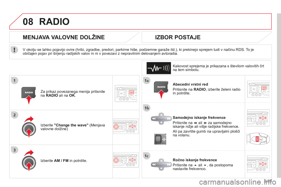 CITROEN BERLINGO MULTISPACE 2014 Navodila Za Uporabo (in Slovenian) 9.39
08
Berlingo-2-VP-papier_sl_Chap09b_RT6-2-7_ed01-2014
RADIO
Abecedni vrstni red
Pritisnite na RADIO , izberite želeni radio in potrdite.
Samodejno iskanje frekvence
Pritisnite na CITROEN BERLINGO MULTISPACE 2014 Navodila Za Uporabo (in Slovenian) 9.39
08
Berlingo-2-VP-papier_sl_Chap09b_RT6-2-7_ed01-2014
RADIO
Abecedni vrstni red
Pritisnite na RADIO , izberite želeni radio in potrdite.
Samodejno iskanje frekvence
Pritisnite na