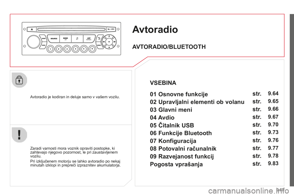 CITROEN BERLINGO MULTISPACE 2014 Navodila Za Uporabo (in Slovenian) 9.63
Berlingo-2-VP-papier_sl_Chap09c_RD45_ed01_2014
Avtoradio
Avtoradio je kodiran in deluje samo v vašem vozilu.
Zaradi varnosti mora voznik opraviti postopke, ki zahtevajo njegovo pozor CITROEN BERLINGO MULTISPACE 2014 Navodila Za Uporabo (in Slovenian) 9.63
Berlingo-2-VP-papier_sl_Chap09c_RD45_ed01_2014
Avtoradio
Avtoradio je kodiran in deluje samo v vašem vozilu.
Zaradi varnosti mora voznik opraviti postopke, ki zahtevajo njegovo pozor
