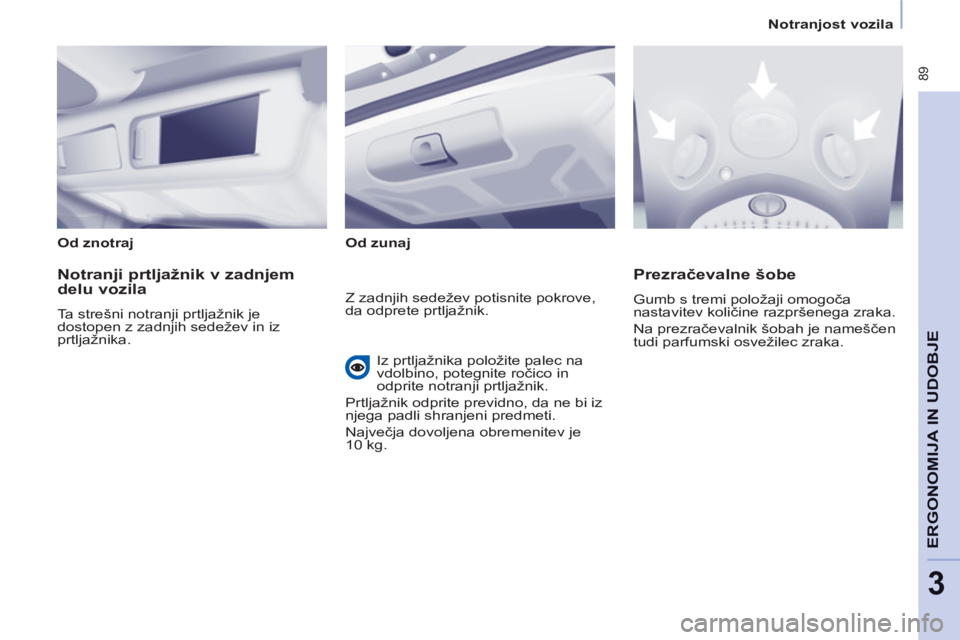 CITROEN BERLINGO MULTISPACE 2013 Navodila Za Uporabo (in Slovenian) 89
ERGONOMIJ
A IN
UDOBJ
E
3
Notranjost vozila
Od znotraj
Od zunaj
Notranji prtljažnik v zadnjem
delu vozila
Ta strešni notranji prtljažnik je
dostopen z zadnjih s CITROEN BERLINGO MULTISPACE 2013 Navodila Za Uporabo (in Slovenian) 89
ERGONOMIJ
A IN
UDOBJ
E
3
Notranjost vozila
Od znotraj
Od zunaj
Notranji prtljažnik v zadnjem
delu vozila
Ta strešni notranji prtljažnik je
dostopen z zadnjih s