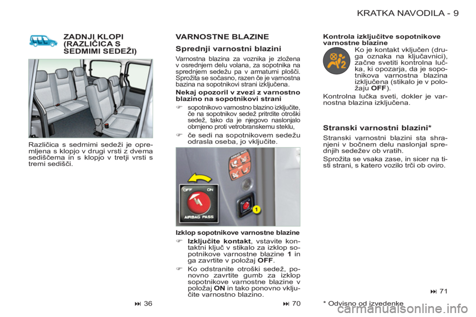 CITROEN BERLINGO FIRST 2011  Navodila Za Uporabo (in Slovenian) 9KRATKA NAVODILA
-
ZADNJI KLOPI (RAZLIČICA S SEDMIMI SEDEŽI)(
 
 
Izklop sopotnikove varnostne blazine 
 
 
 
�) 
  Izključite kontakt 
, vstavite kon-
taktni ključ v stikalo za izklop so-
potniko