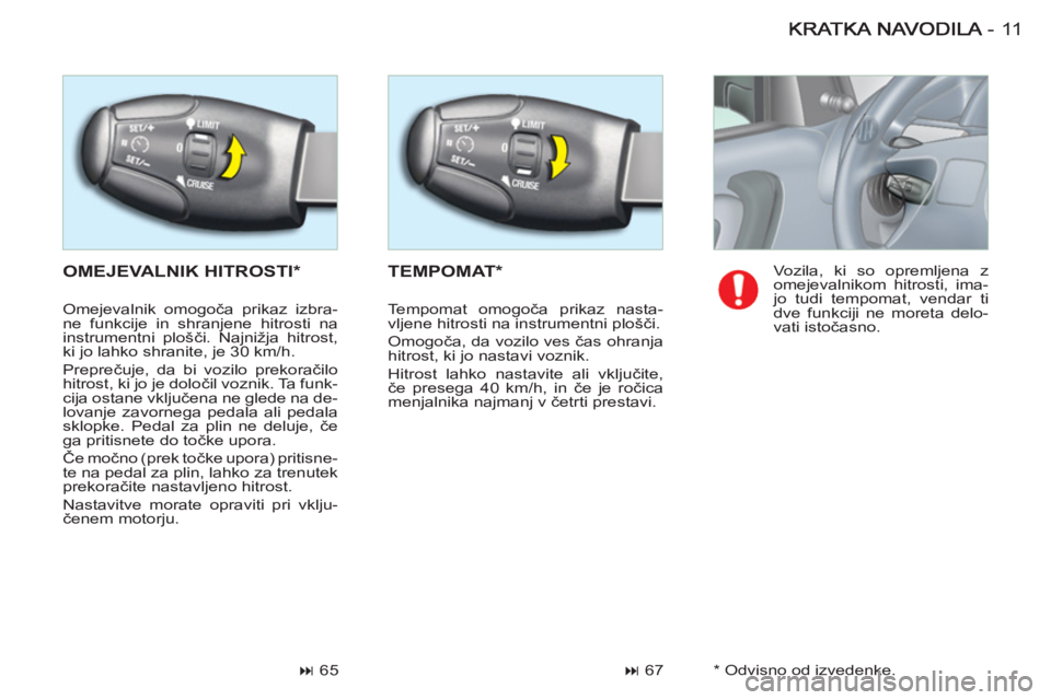 CITROEN BERLINGO FIRST 2011  Navodila Za Uporabo (in Slovenian) 11-
  OMEJEVALNIK HITROSTI *   TEMPOMAT *
 
 
 
� 
 67    
 
 
� 
 65    Vozila, ki so opremljena z 
omejevalnikom hitrosti, ima-
jo tudi tempomat, vendar ti 
dve funkciji ne moreta delo-
vati isto�