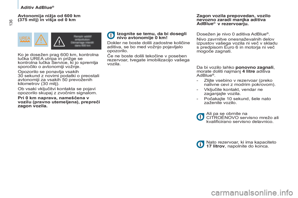 CITROEN BERLINGO ELECTRIC 2017  Navodila Za Uporabo (in Slovenian) 136
Berlingo-2-VU_sl_Chap07_Verification_ed01-2015Berlingo-2-VU_sl_Chap07_Verification_ed01-2015
Ko je dosežen prag 600 km, kontrolna 
lučka UREA  utripa in prižge se 
kontrolna lučka Service, ki 