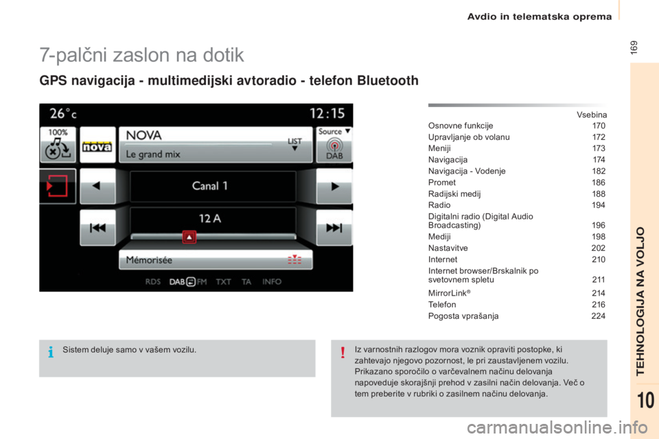 CITROEN BERLINGO ELECTRIC 2017  Navodila Za Uporabo (in Slovenian)  169
Berlingo-2-VU_sl_Chap10a_SMEGplus_ed01-2015
7-palčni zaslon na dotik
GPS navigacija - multimedijski avtoradio - telefon Bluetooth
Vsebina
Osnovne funkcije
 1 70
Upravljanje ob volanu
 
1
 72
Men