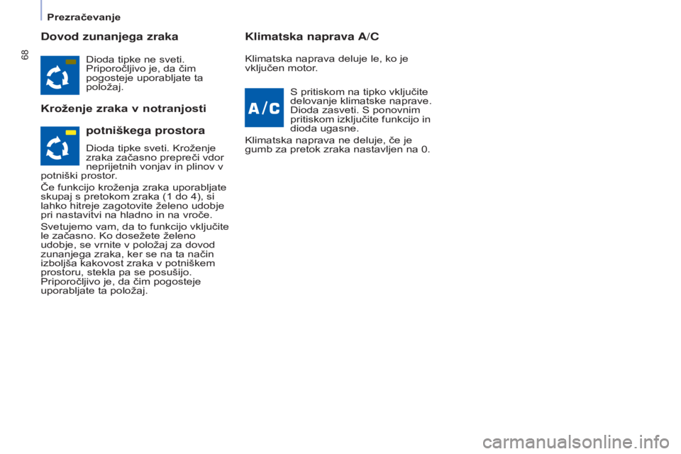 CITROEN BERLINGO ELECTRIC 2017  Navodila Za Uporabo (in Slovenian) 68
Berlingo-2-VU_sl_Chap04_Ergonomie_ed01-2015Berlingo-2-VU_sl_Chap04_Ergonomie_ed01-2015
Dovod zunanjega zraka
k
roženje zraka v notranjosti  Klimatska naprava A/C
Dioda tipke ne sveti. 
Priporočlj