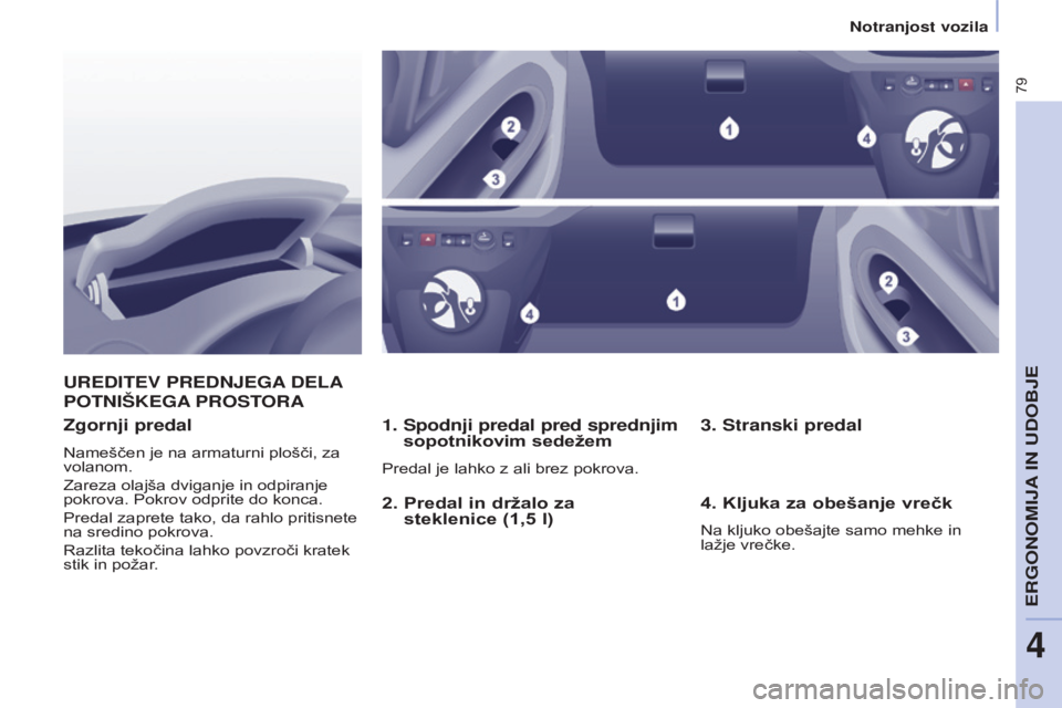 CITROEN BERLINGO ELECTRIC 2017  Navodila Za Uporabo (in Slovenian) 79
Berlingo-2-VU_sl_Chap04_Ergonomie_ed01-2015Berlingo-2-VU_sl_Chap04_Ergonomie_ed01-2015
UREDITEV PREDNJEGA DELA 
POTNIŠKEGA 

PROSTORA
1. 

 
Spodnji predal pred sprednjim
  
sopotnikovim sedežem
