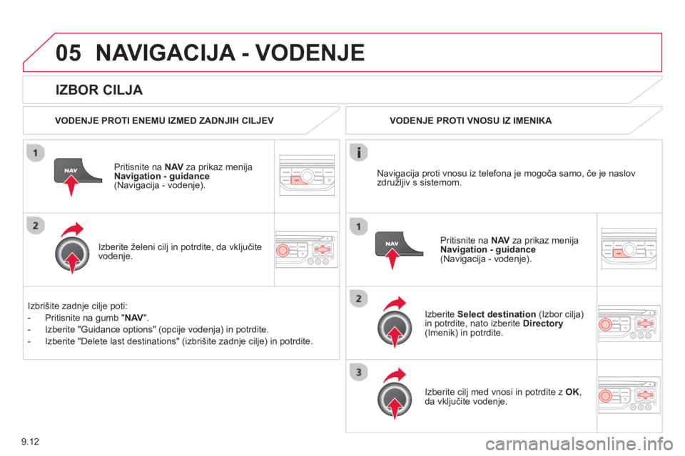 CITROEN BERLINGO ELECTRIC 2015 Navodila Za Uporabo (in Slovenian) 9.12
05
IZBOR CILJA
NAVIGACIJA - VODENJE
VODENJE PROTI ENEMU IZMED ZADNJIH CILJEV
Priti
snite na NAV
za prikaz menija
Navigation - guidance(Navigacija - vodenje).
Izberite
želeni CITROEN BERLINGO ELECTRIC 2015 Navodila Za Uporabo (in Slovenian) 9.12
05
IZBOR CILJA
NAVIGACIJA - VODENJE
VODENJE PROTI ENEMU IZMED ZADNJIH CILJEV
Priti
snite na NAV
za prikaz menija
Navigation - guidance(Navigacija - vodenje).
Izberite
želeni