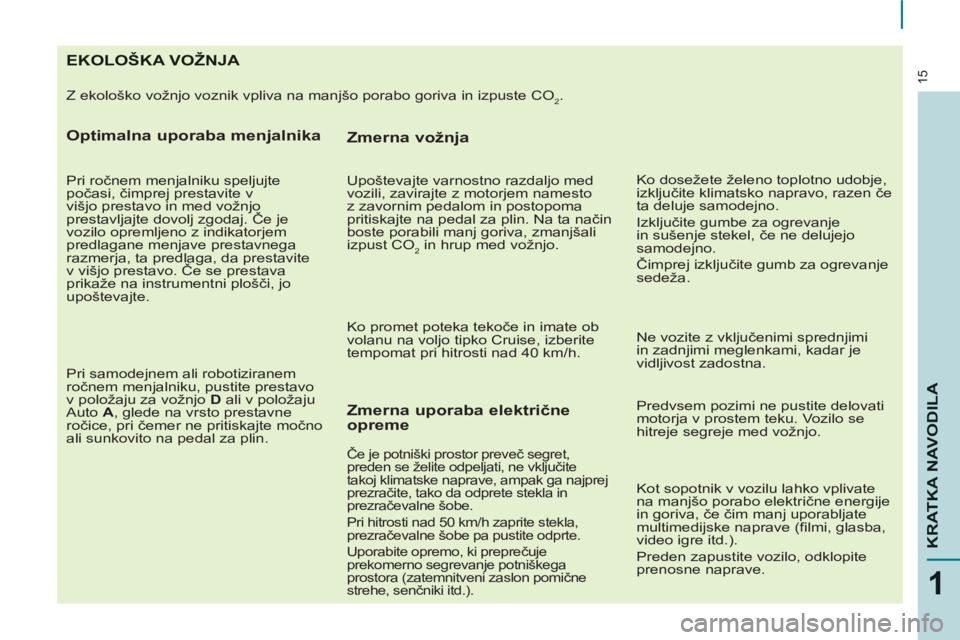 CITROEN BERLINGO ELECTRIC 2015 Navodila Za Uporabo (in Slovenian) 15
1
KRATKA NAVODIL
A
EKOLOŠKA VOŽNJA
Z ekološko vožnjo voznik vpliva na manjšo porabo goriva in izpuste CO2.
Optimalna uporaba menjalnika
Pri ročnem menjalniku speljujte
počasi, CITROEN BERLINGO ELECTRIC 2015 Navodila Za Uporabo (in Slovenian) 15
1
KRATKA NAVODIL
A
EKOLOŠKA VOŽNJA
Z ekološko vožnjo voznik vpliva na manjšo porabo goriva in izpuste CO2.
Optimalna uporaba menjalnika
Pri ročnem menjalniku speljujte
počasi,