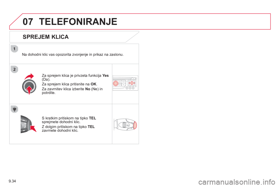CITROEN BERLINGO ELECTRIC 2015 Navodila Za Uporabo (in Slovenian) 9.34
07TELEFONIRANJE
SPREJEM KLICA
Na dohodni klic vas opozorita zvonjenje in prikaz na zaslonu.
Za spre
jem klica je privzeta funkcija Yes(Da).
Za spre
jem klica pritisnite na OK.
Z
a zavrn CITROEN BERLINGO ELECTRIC 2015 Navodila Za Uporabo (in Slovenian) 9.34
07TELEFONIRANJE
SPREJEM KLICA
Na dohodni klic vas opozorita zvonjenje in prikaz na zaslonu.
Za spre
jem klica je privzeta funkcija Yes(Da).
Za spre
jem klica pritisnite na OK.
Z
a zavrn