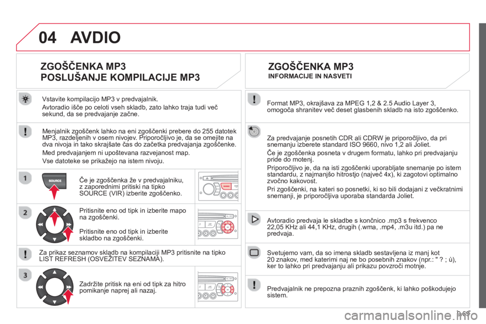 CITROEN BERLINGO ELECTRIC 2015  Navodila Za Uporabo (in Slovenian) 9.69
04
  Format MP3, okrajšava za MPEG 1,2 & 2.5 Audio Layer 3, 
omogoča shranitev več deset glasbenih skladb na isto zgo