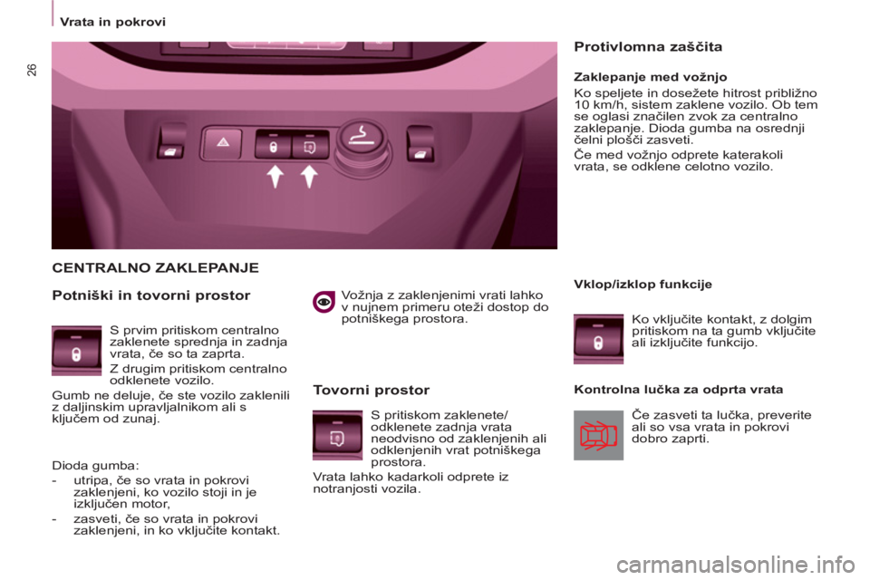 CITROEN BERLINGO ELECTRIC 2015  Navodila Za Uporabo (in Slovenian) 26
Vrata in pokrovi
   
Vožnja z zaklenjenimi vrati lahko 
v nujnem primeru oteži dostop do 
potniškega prostora.  
 
 
CENTRALNO ZAKLEPANJE
   
Potniški in tovorni prostor 
   
Tovorni prostor 
 