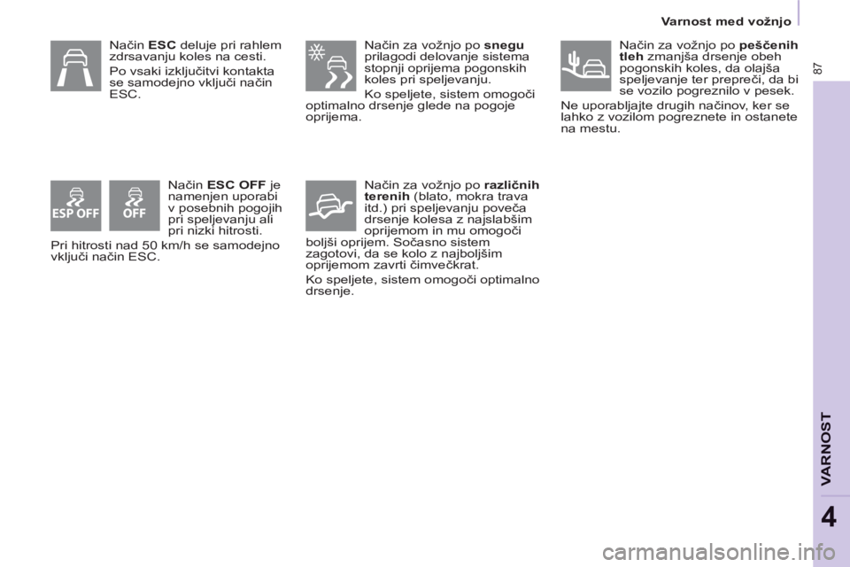 CITROEN BERLINGO ELECTRIC 2015  Navodila Za Uporabo (in Slovenian) ESP OFF
87
   
 
Varnost med vožnjo  
 
VARNOS
T
4
 
 
Način za vožnjo po  snegu 
 
prilagodi delovanje sistema 
stopnji oprijema pogonskih 
koles pri speljevanju. 
  Ko speljete, sistem omogoči 
