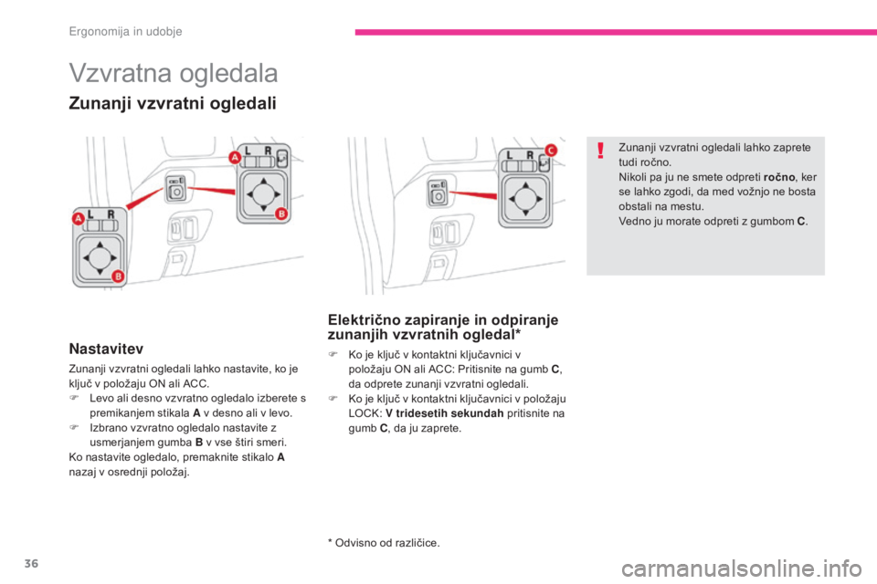 CITROEN C-ZERO 2017 Navodila Za Uporabo (in Slovenian) 36
C-Zero_sl_Chap03_ergonomie-et-confort_ed01-2016
Vzvratna ogledala
Nastavitev
Zunanji vzvratni ogledali lahko nastavite, ko je
ključ v položaju ON ali ACC.
F
L
evo ali desno vzvratno ogledalo i CITROEN C-ZERO 2017 Navodila Za Uporabo (in Slovenian) 36
C-Zero_sl_Chap03_ergonomie-et-confort_ed01-2016
Vzvratna ogledala
Nastavitev
Zunanji vzvratni ogledali lahko nastavite, ko je
ključ v položaju ON ali ACC.
F
L
evo ali desno vzvratno ogledalo i