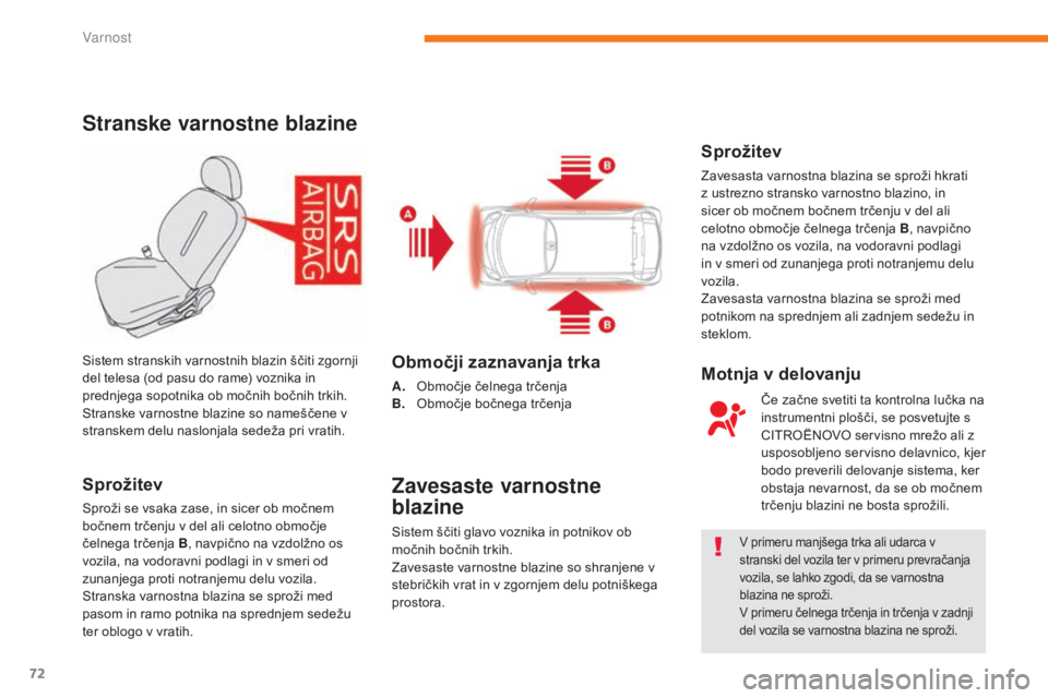 CITROEN C-ZERO 2017 Navodila Za Uporabo (in Slovenian) 72
C-Zero_sl_Chap05_securite_ed01-2016
Stranske varnostne blazine
Sprožitev
Sproži se vsaka zase, in sicer ob močnem
bočnem trčenju v del ali celotno območje
čelnega trčenja B, navpično na CITROEN C-ZERO 2017 Navodila Za Uporabo (in Slovenian) 72
C-Zero_sl_Chap05_securite_ed01-2016
Stranske varnostne blazine
Sprožitev
Sproži se vsaka zase, in sicer ob močnem
bočnem trčenju v del ali celotno območje
čelnega trčenja B, navpično na