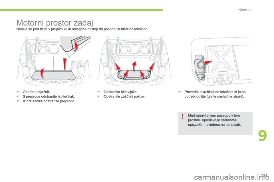 CITROEN C-ZERO 2016 Navodila Za Uporabo (in Slovenian) 125
C-zero_sl_Chap09_verifications_ed01-2014
Motorni prostor zadajNahaja se pod tlemi v prtljažniku in omogoča dostop do posode za hladilno tekočino.
F
O
dprite prtljažnik.
F
S p
reproge odst CITROEN C-ZERO 2016 Navodila Za Uporabo (in Slovenian) 125
C-zero_sl_Chap09_verifications_ed01-2014
Motorni prostor zadajNahaja se pod tlemi v prtljažniku in omogoča dostop do posode za hladilno tekočino.
F
O
dprite prtljažnik.
F
S p
reproge odst