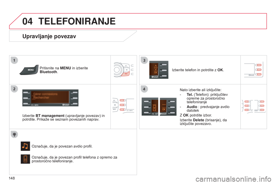 CITROEN C-ZERO 2016 Navodila Za Uporabo (in Slovenian)
04
148
C-zero_sl_Chap11b_RDE2_ed01-2014
TELEFONIRANJE
Pritisnite na MENU in izberite
Bluetooth.
Izberite BT management (upravljanje povezav) in
potrdite. Prikaže se seznam povezanih naprav. Ozna CITROEN C-ZERO 2016 Navodila Za Uporabo (in Slovenian)
04
148
C-zero_sl_Chap11b_RDE2_ed01-2014
TELEFONIRANJE
Pritisnite na MENU in izberite
Bluetooth.
Izberite BT management (upravljanje povezav) in
potrdite. Prikaže se seznam povezanih naprav. Ozna
