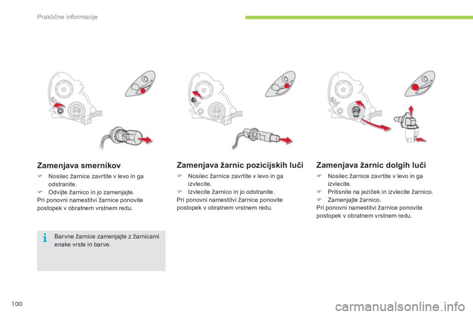 CITROEN C-ZERO 2012  Navodila Za Uporabo (in Slovenian) i
Praktične informacije
100
   
Zamenjava žarnic pozicijskih luči 
�) 
  Nosilec žarnice zavrtite v levo in ga izvlecite. �) 
 Izvlecite žarnico in jo odstranite.  
  Pri ponovni namestitvi žarn