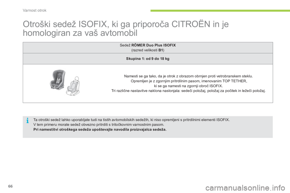CITROEN C-ZERO 2012 Navodila Za Uporabo (in Slovenian) i
Varnost otrok
66
Otroški sedež ISOFIX, ki ga priporoča CITROËN in je
homologiran za vaš avtomobil
Sedež RÖMER Duo Plus ISOFIX
(razred velikosti B1 )
Skupina CITROEN C-ZERO 2012 Navodila Za Uporabo (in Slovenian) i
Varnost otrok
66
Otroški sedež ISOFIX, ki ga priporoča CITROËN in je
homologiran za vaš avtomobil
Sedež RÖMER Duo Plus ISOFIX
(razred velikosti B1 )
Skupina