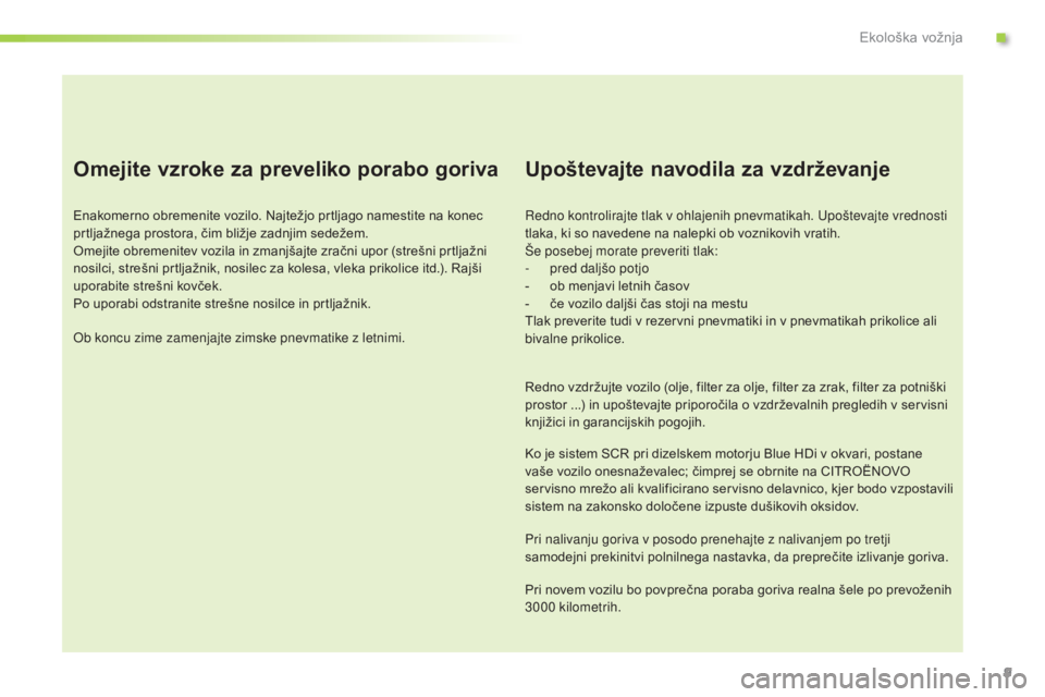 CITROEN C3 PICASSO 2015 Navodila Za Uporabo (in Slovenian) 9
C3Picasso_sl_Chap00c_eco-conduite_ed01-2014
Omejite vzroke za preveliko porabo goriva
Enakomerno obremenite vozilo. Najtežjo prtljago namestite na konec
prtljažnega prostora, čim bližje zadnjim CITROEN C3 PICASSO 2015 Navodila Za Uporabo (in Slovenian) 9
C3Picasso_sl_Chap00c_eco-conduite_ed01-2014
Omejite vzroke za preveliko porabo goriva
Enakomerno obremenite vozilo. Najtežjo prtljago namestite na konec
prtljažnega prostora, čim bližje zadnjim